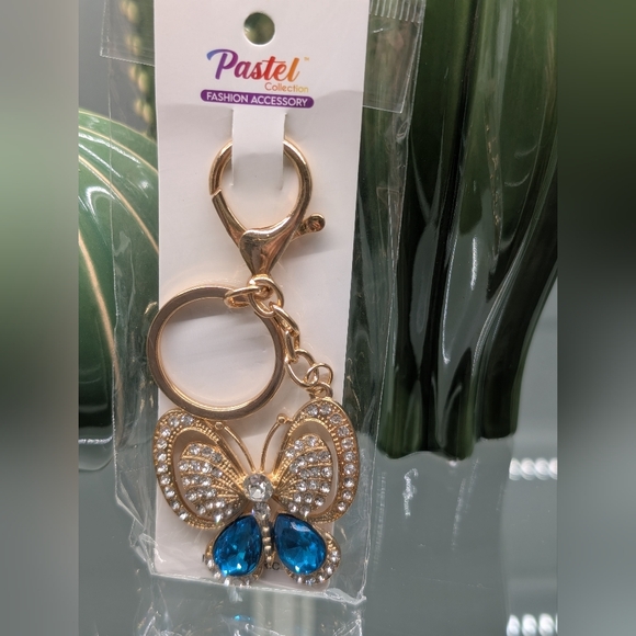 Accessories - Butterfly Keychain/Bagcharm Gold W/Rhinestones Accented With Blue
